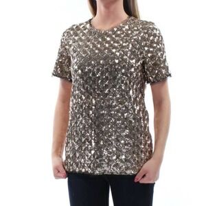 Bar III Women's Sequin Party Blouse Top Short Sleeves Round Neck Brown Medium